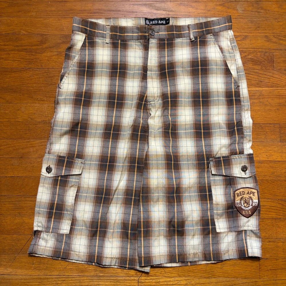 Red Ape Mens Plaid Cargo Shorts Y2K Streetwear Size 36